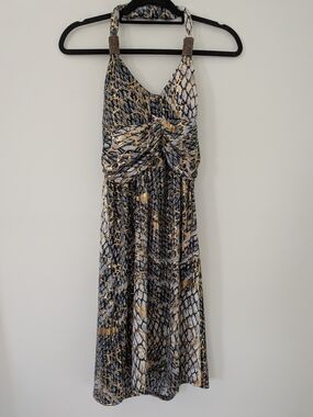 Shoreline Halter Midi Dress in Black, Grey & Gold Accent Print